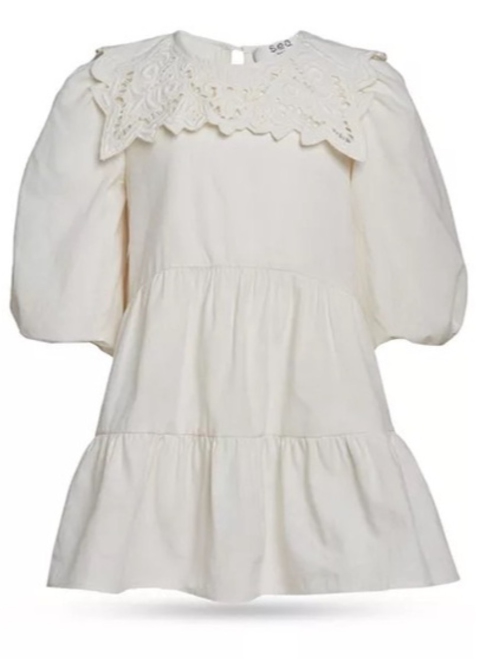 Sea Anita Puff Sleeve Dress Girls 10Yrs Cream Linen Round Neck Lace Back Button